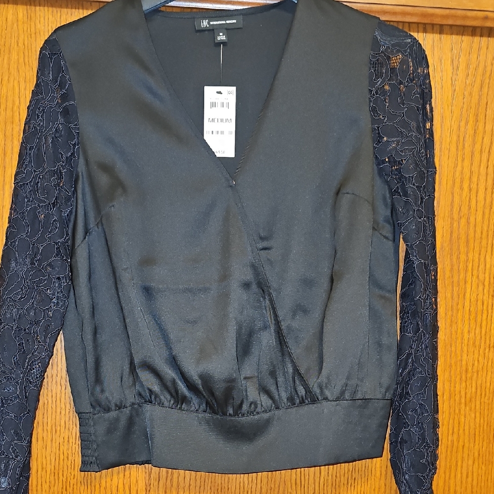 INC International Concepts Black Blouse with Lace Sleeves